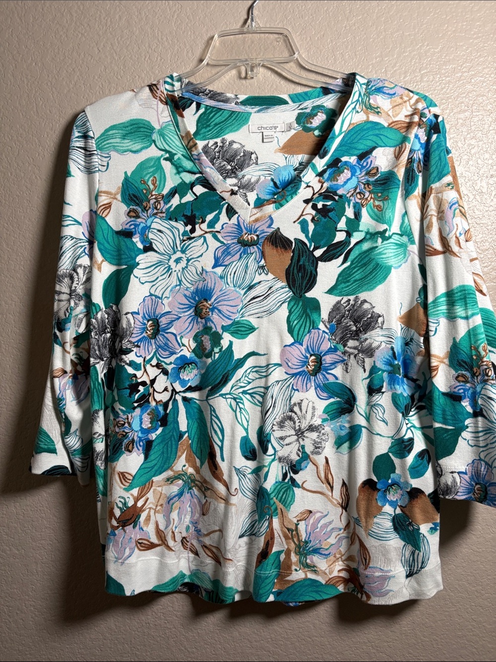 Chico's White Floral V-Neck Long Sleeve Top with Teal, Blue & Brown Accents